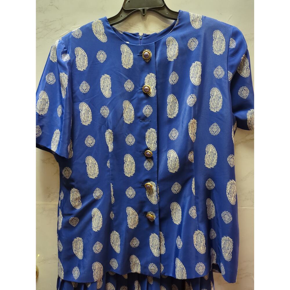 Leslie Fay vintage drop waist 18 dress Blue white Paisley summer garden Plus - Picture 5 of 7